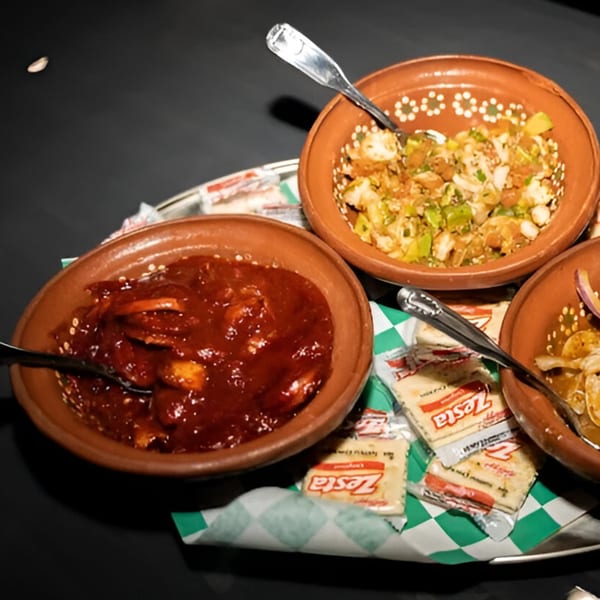 Three clay bowls of Mexican food, including a red stew and a green salsa, with crackers on a tray.